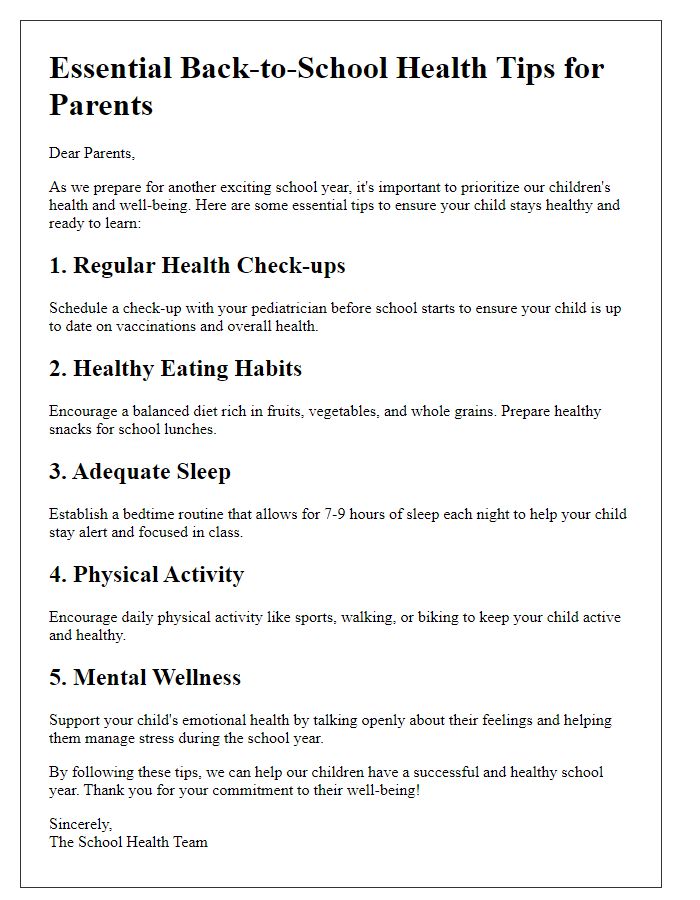 Letter template of Essential Back-to-School Health Tips for Parents