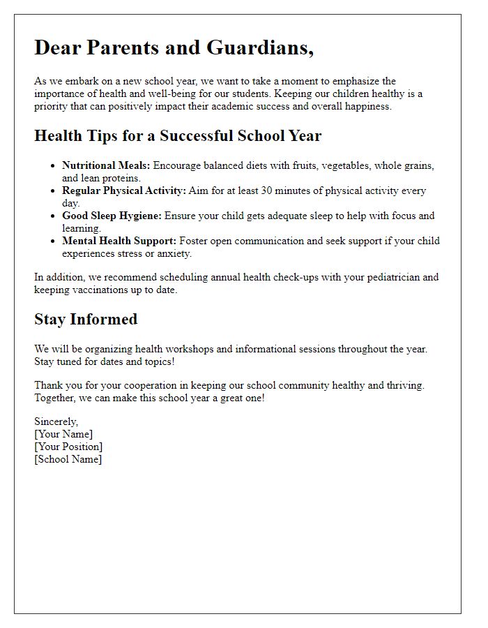 Letter template of Health Awareness for the New School Year