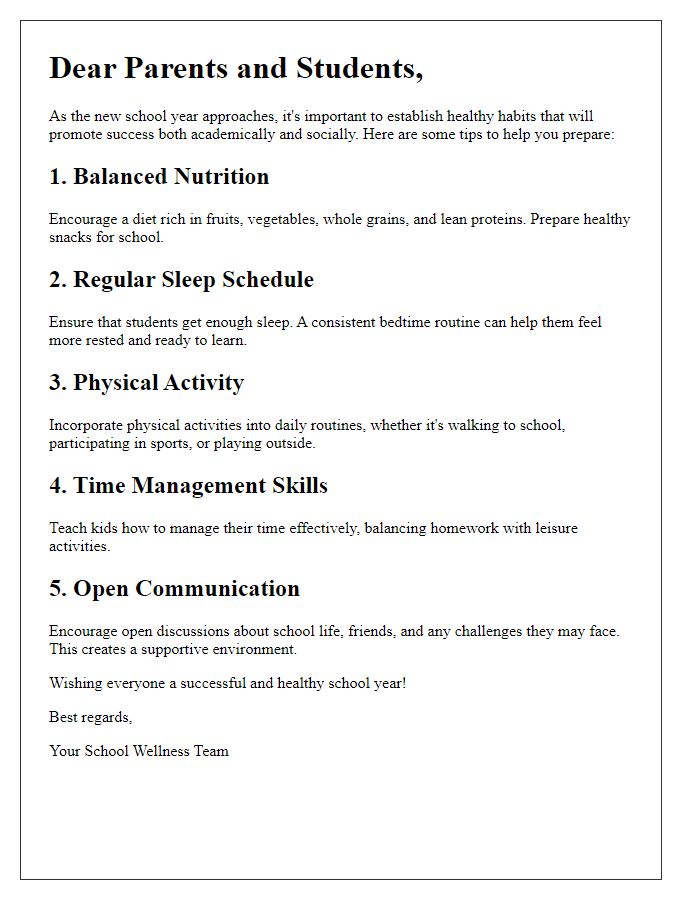 Letter template of Healthy Habits for a Successful Back-to-School Season