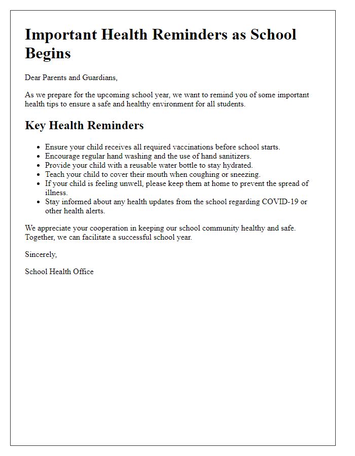 Letter template of Important Health Reminders as School Begins