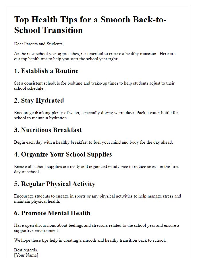 Letter template of Top Health Tips for a Smooth Back-to-School Transition