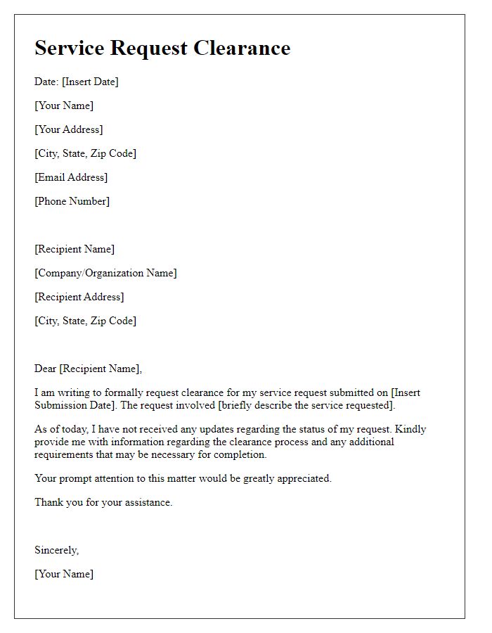 Letter template of service request clearance