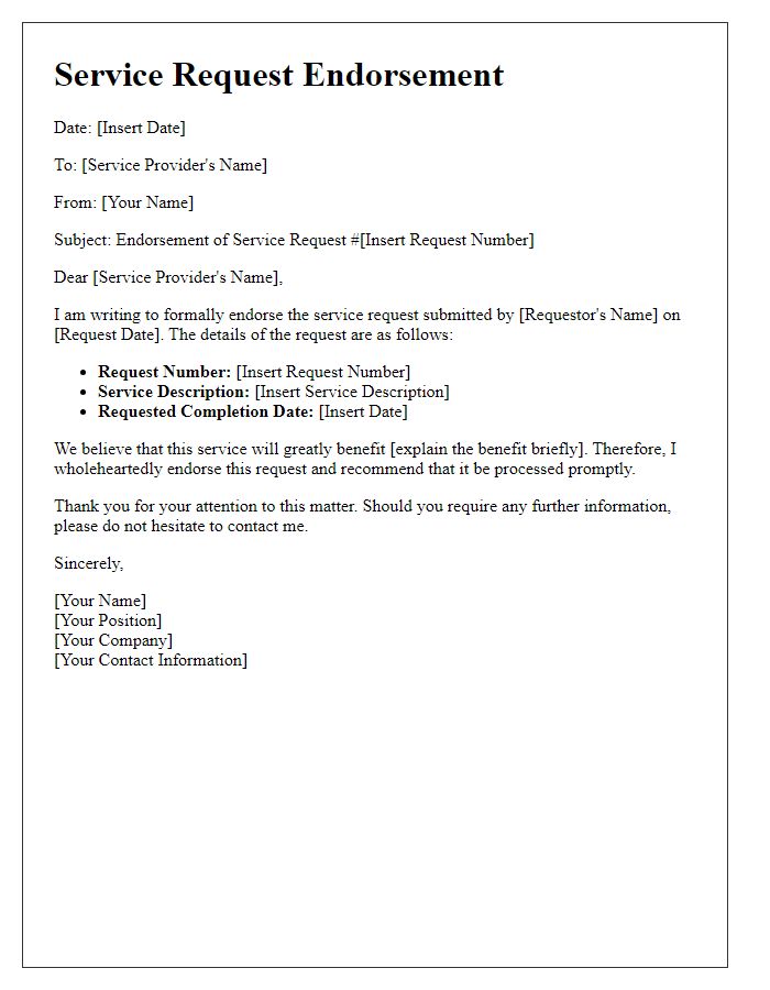 Letter template of service request endorsement