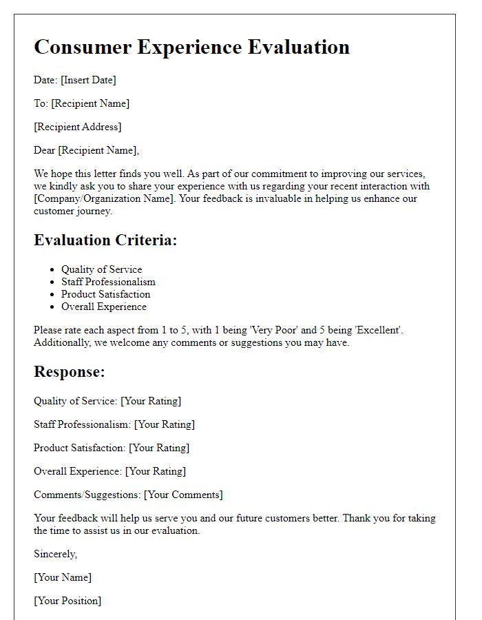 Letter template of consumer experience evaluation