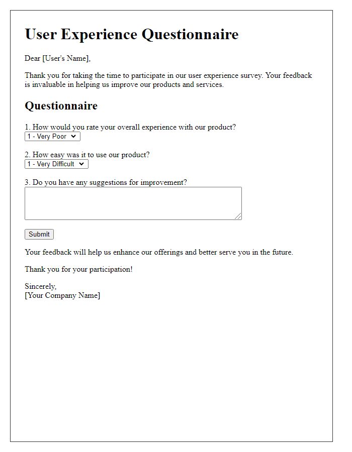 Letter template of user experience questionnaire