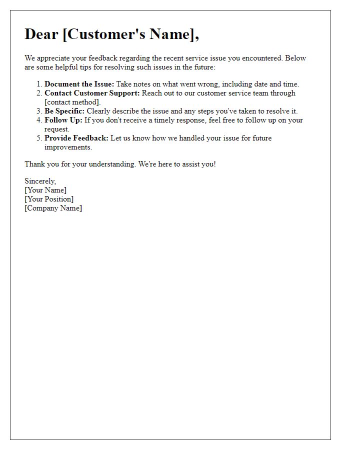 Letter template of service issue resolution tips