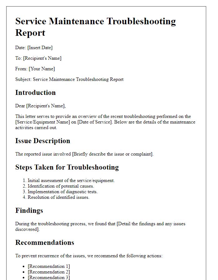 Letter template of service maintenance troubleshooting