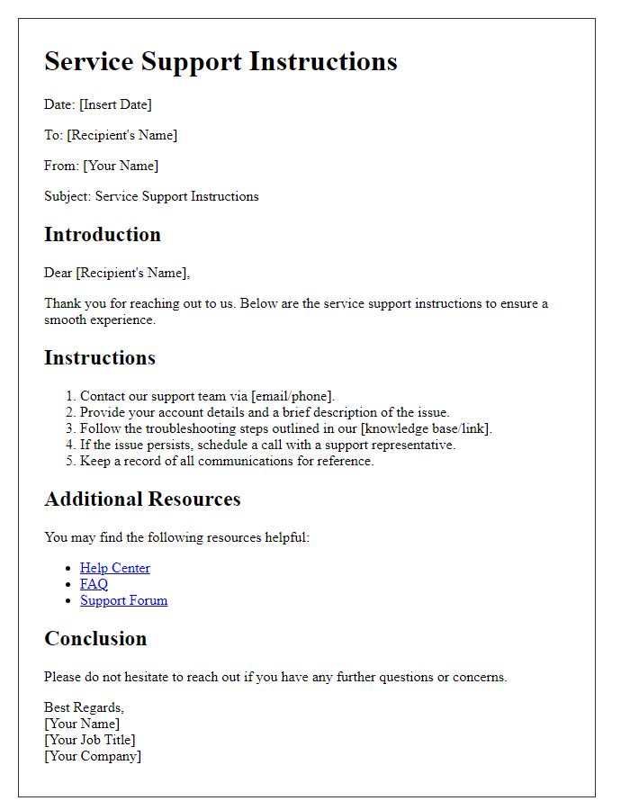 Letter template of service support instructions