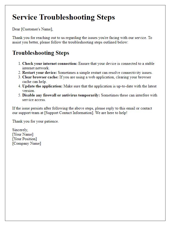 Letter template of service troubleshooting steps