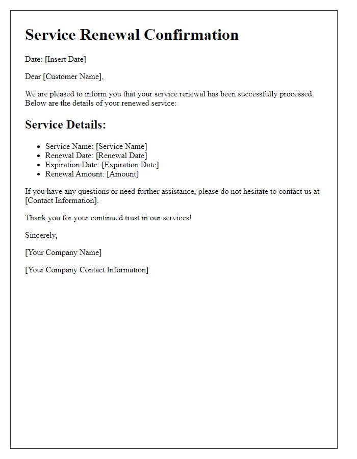 Letter template of Service Renewal Confirmation