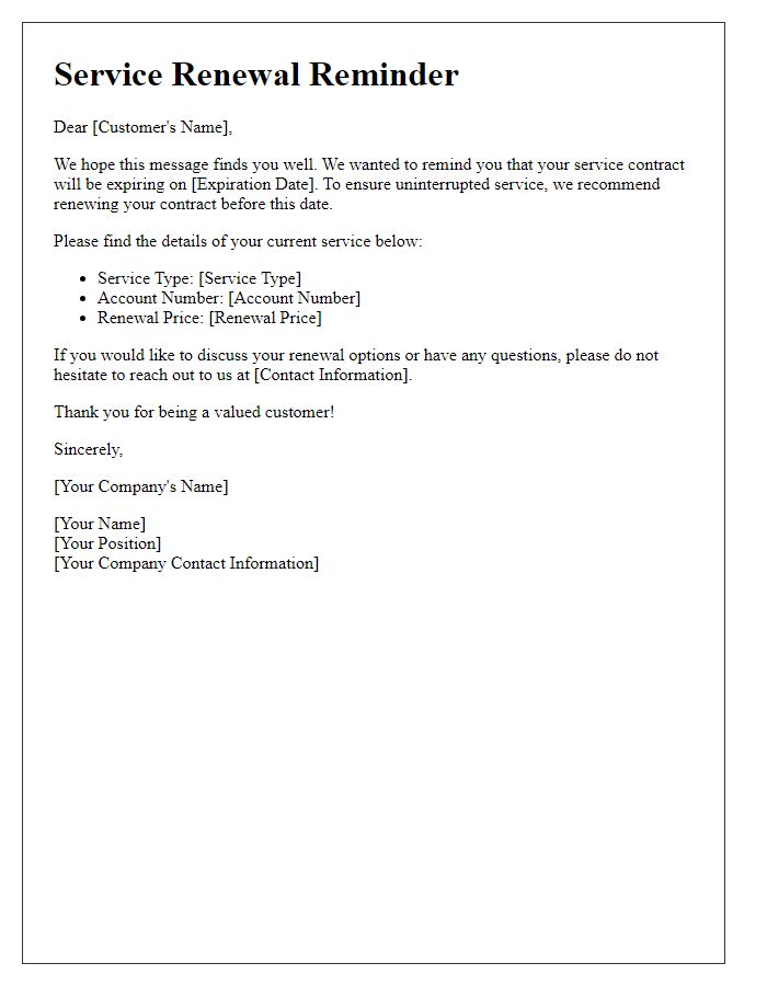 Letter template of Service Renewal Reminder