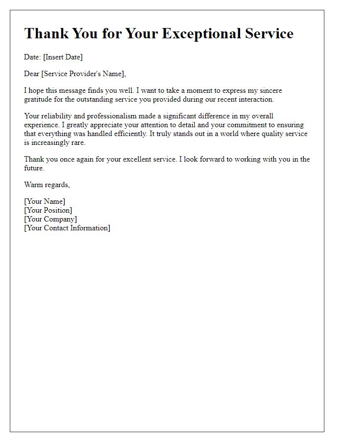 Letter template of thanks for reliable service experience.