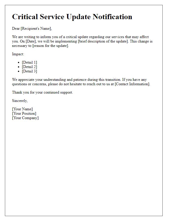 Letter template of critical service update