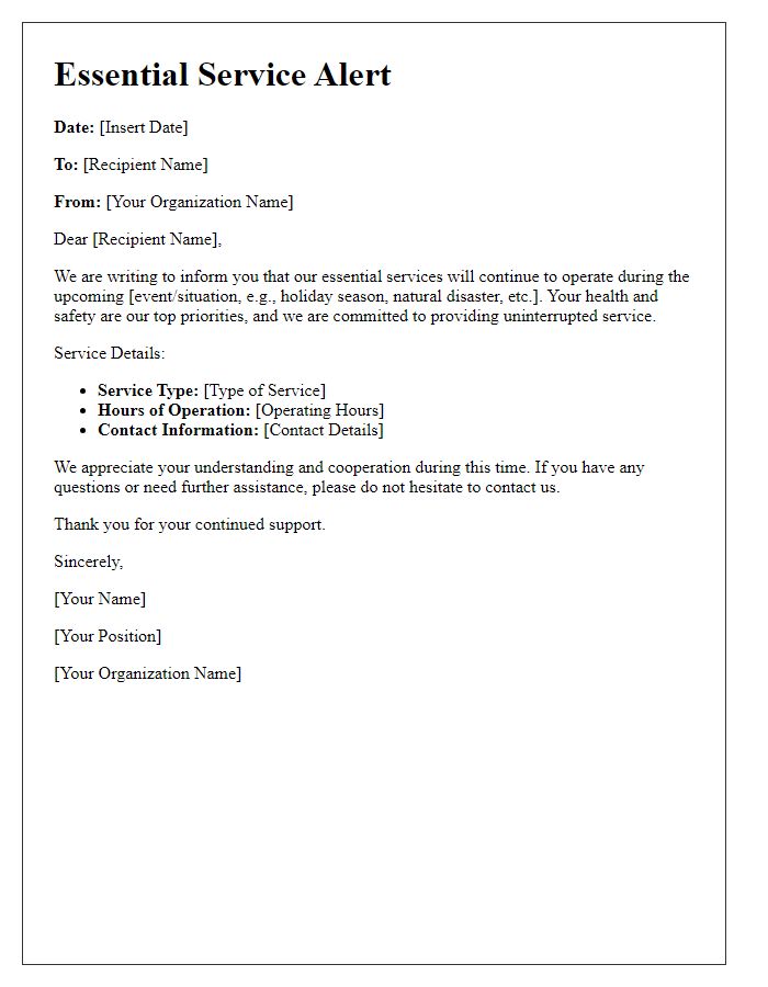 Letter template of essential service alert