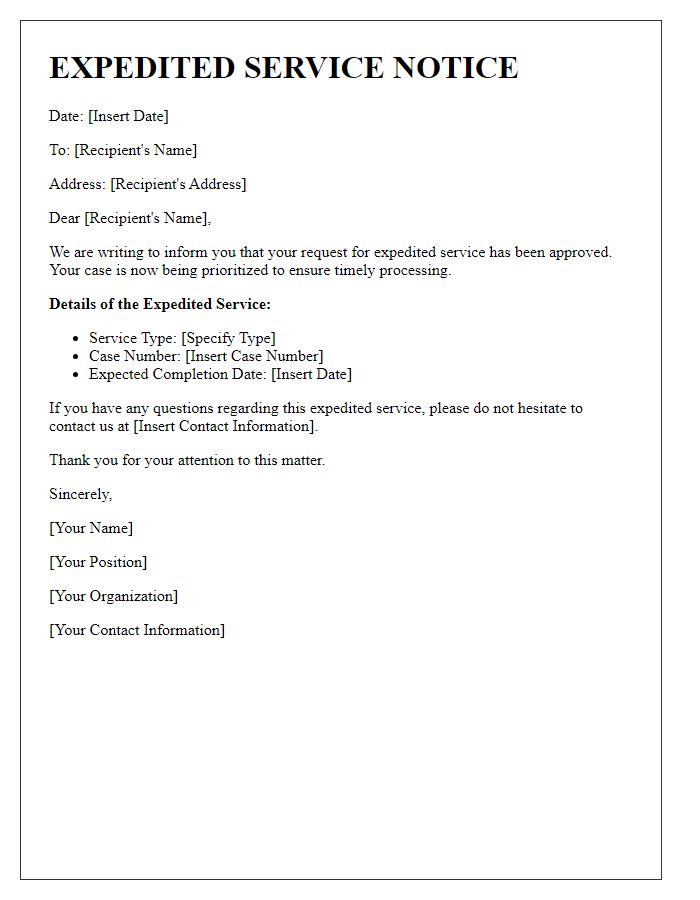 Letter template of expedited service notice