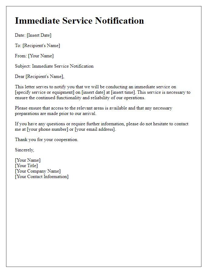 Letter template of immediate service notification