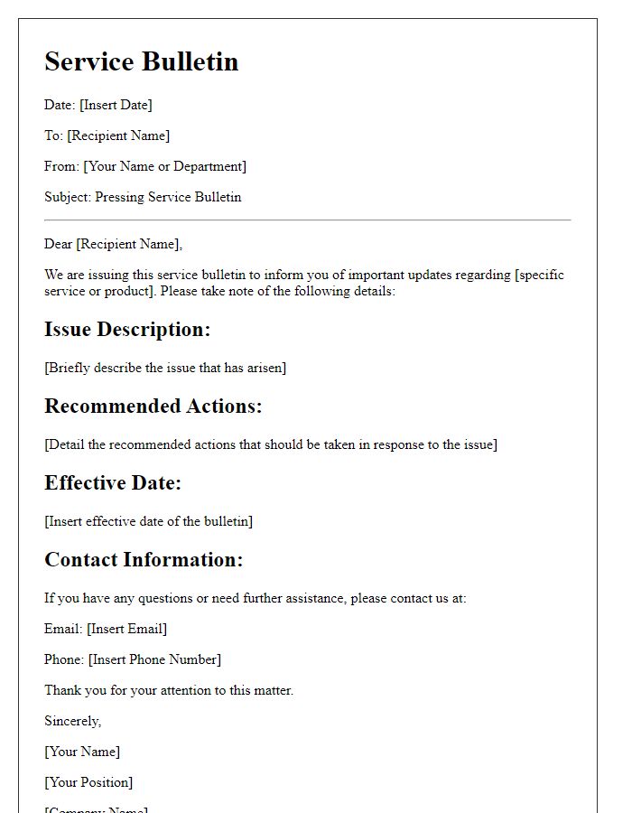 Letter template of pressing service bulletin