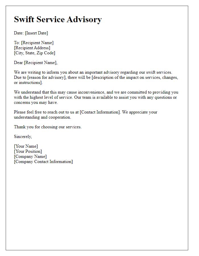 Letter template of swift service advisory