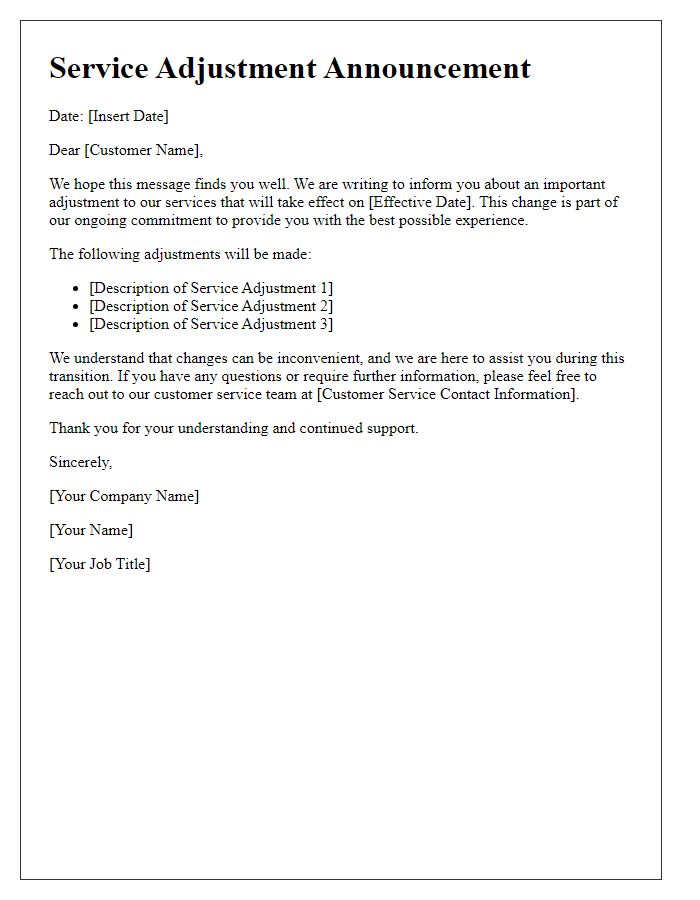 Letter template of service adjustment announcement