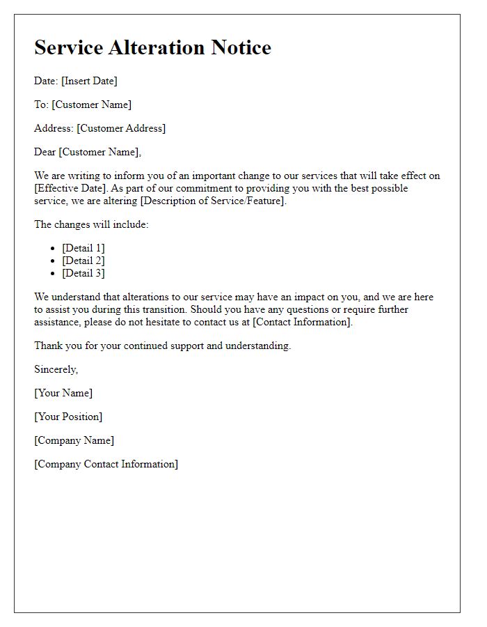 Letter template of service alteration notice