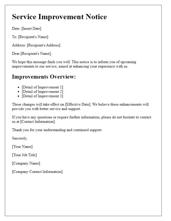 Letter template of service improvement notice