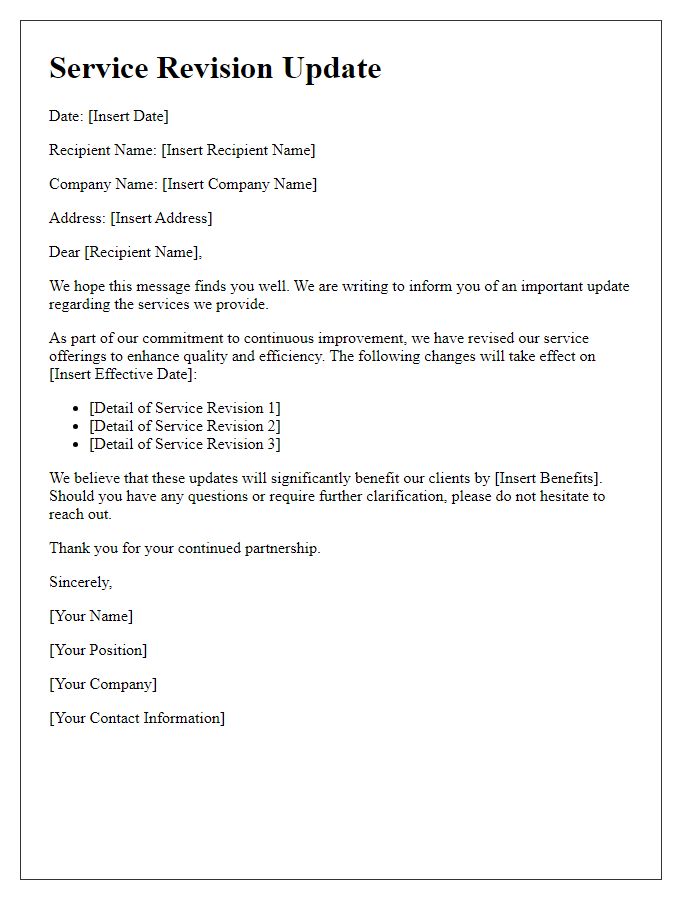 Letter template of service revision update
