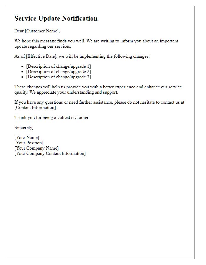 Letter template of service update notification