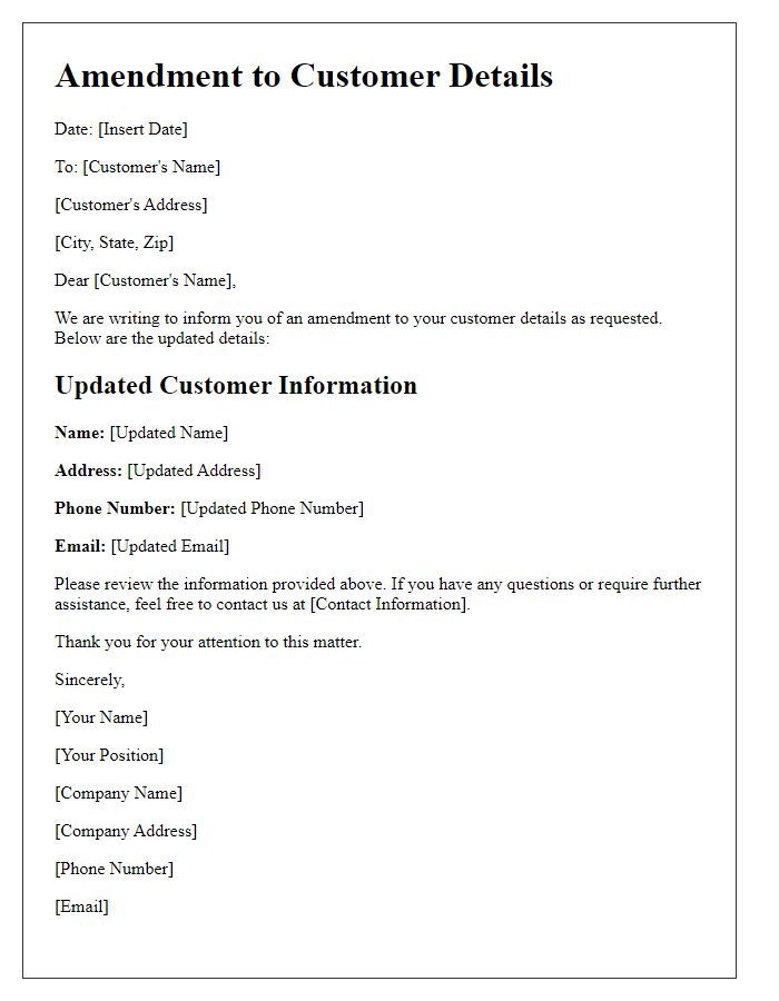 Letter template of Amendment to Customer Details