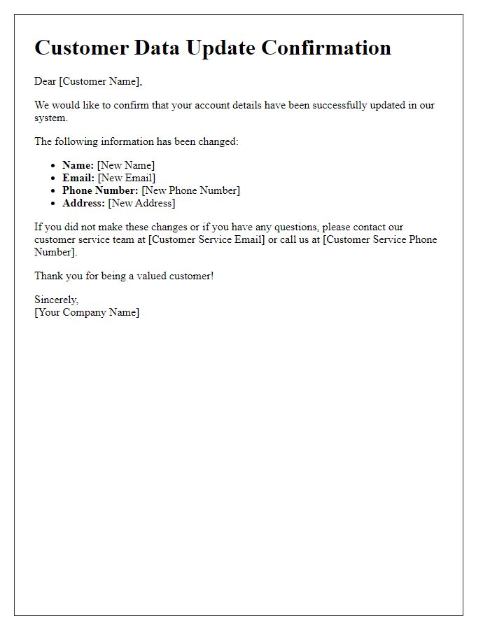 Letter template of Customer Data Update Confirmation