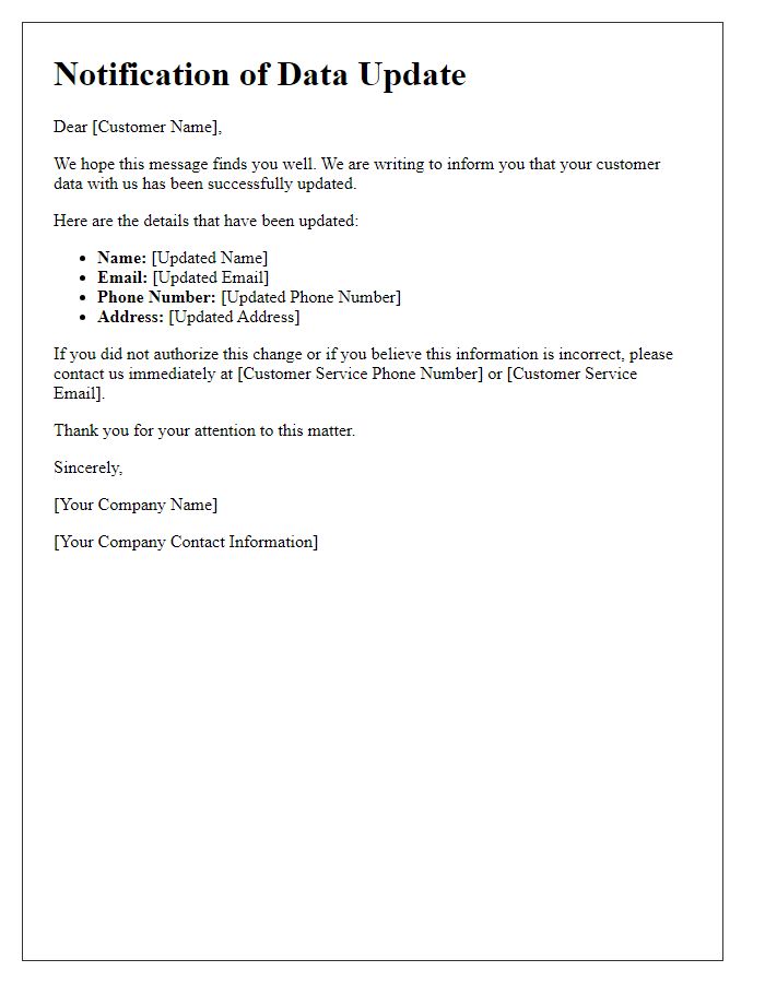 Letter template of Notification for Customer Data Update