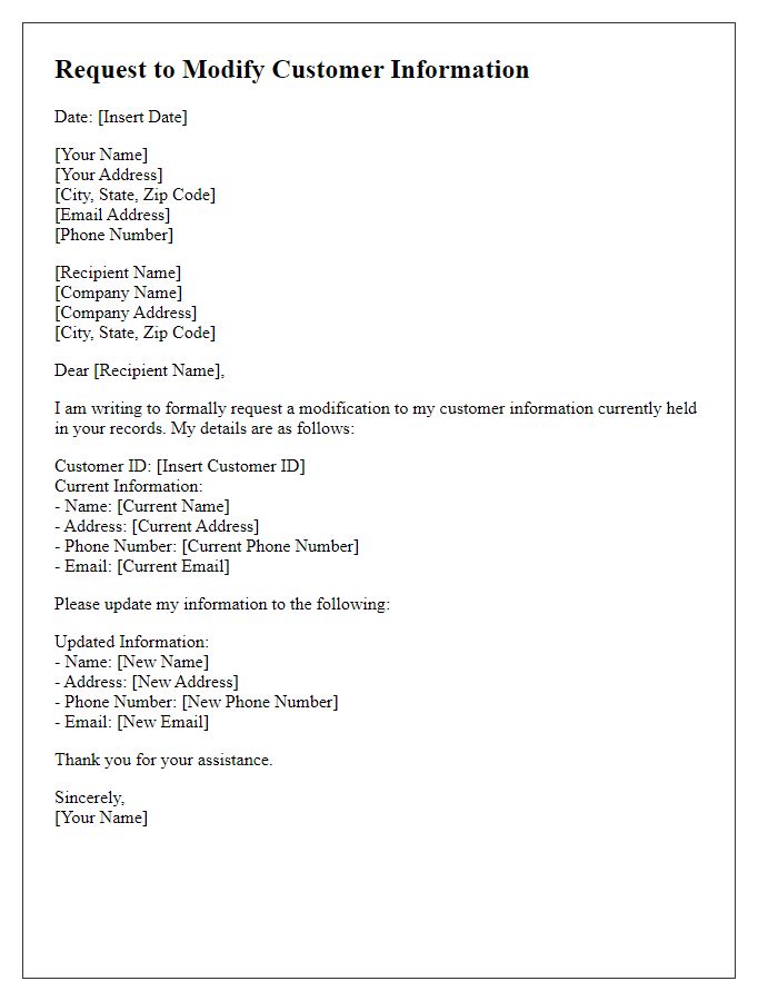 Letter template of Request to Modify Customer Information
