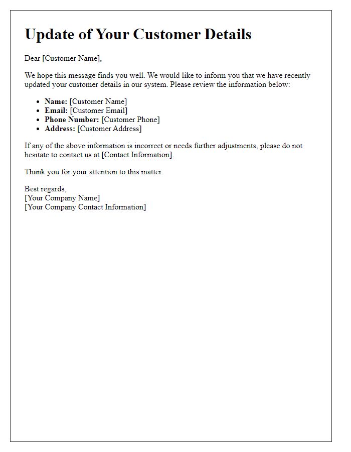 Letter template of Update for Customer Details