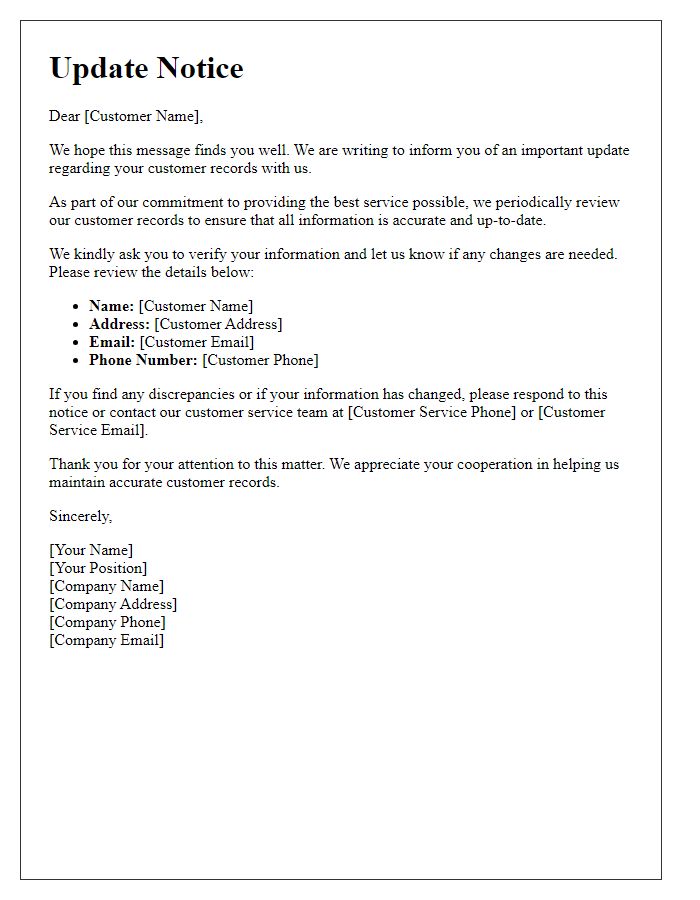 Letter template of Update Notice for Customer Records