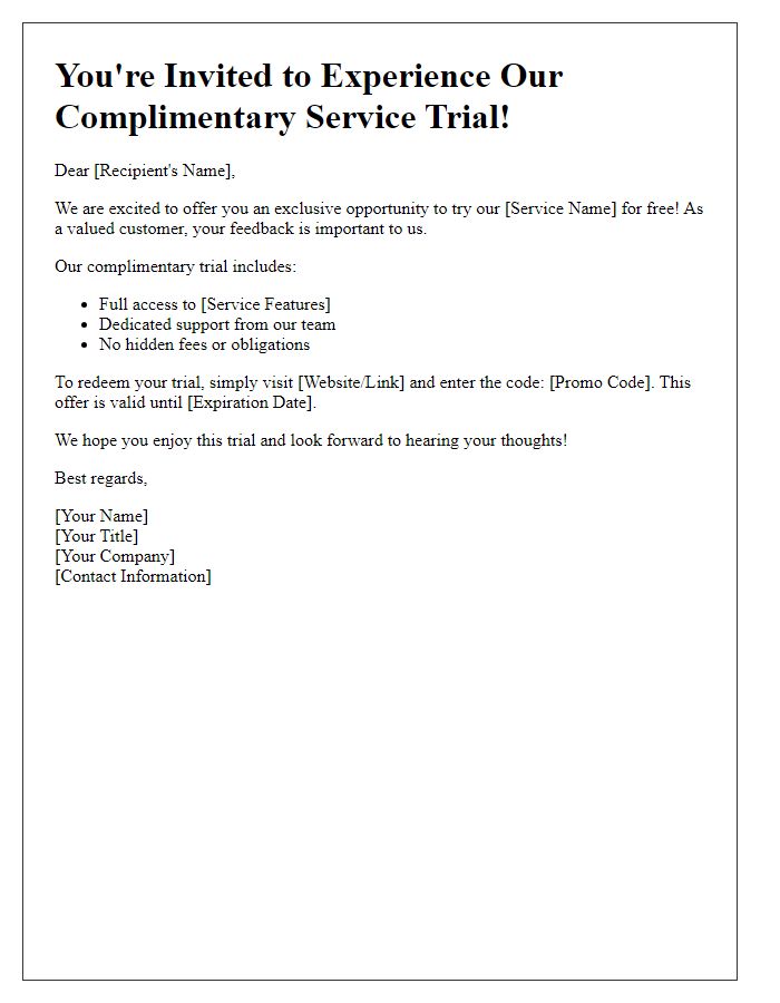 Letter template of complimentary service trial invitation