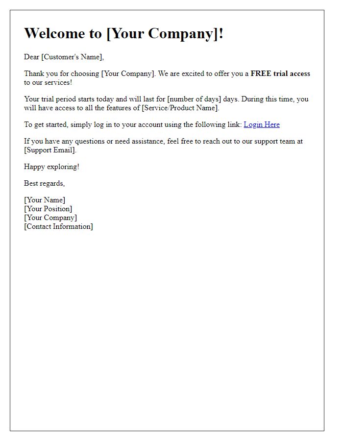 Letter template of free trial access for new customers