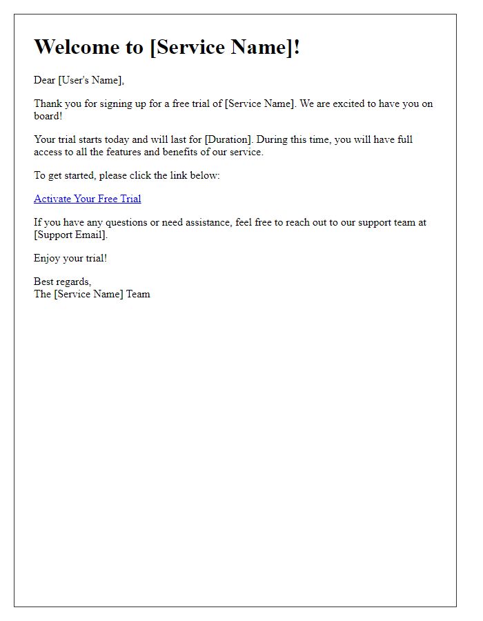 Letter template of free trial registration for users