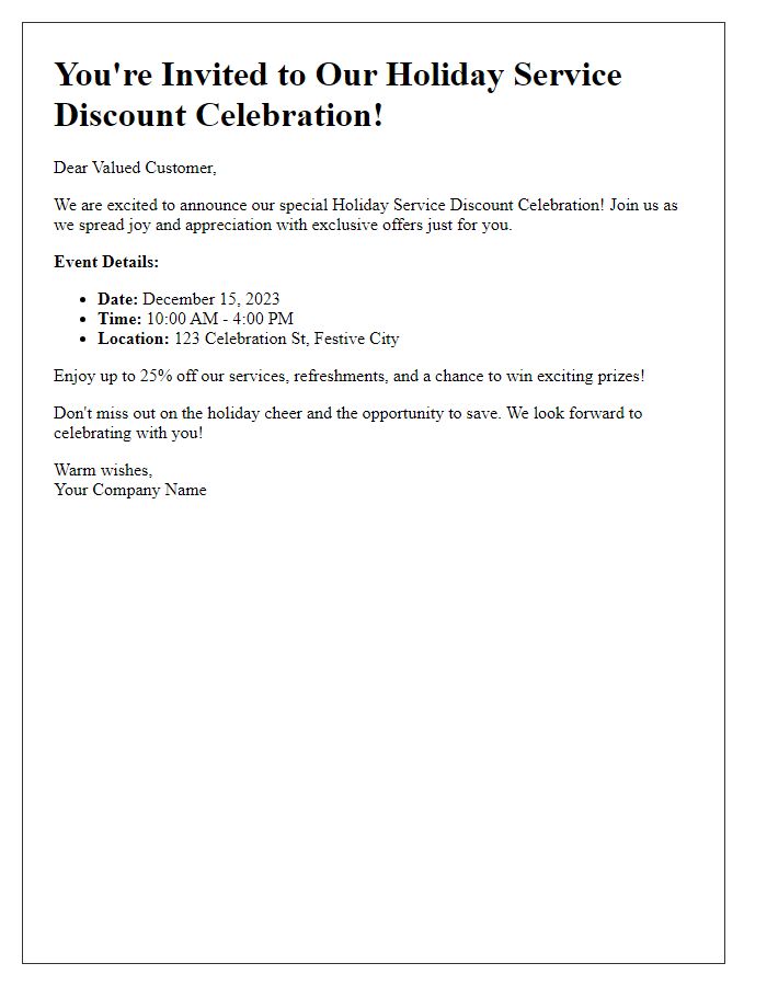 Letter template of holiday service discount celebration