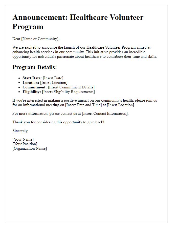 Letter template of announcement for healthcare volunteer program.