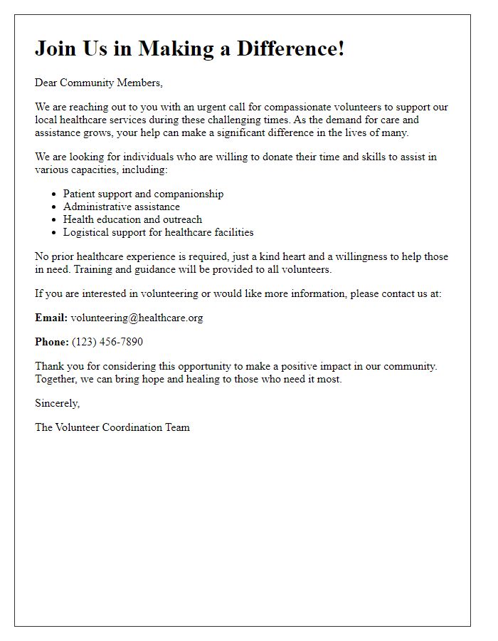 Letter template of call for compassionate healthcare volunteers.