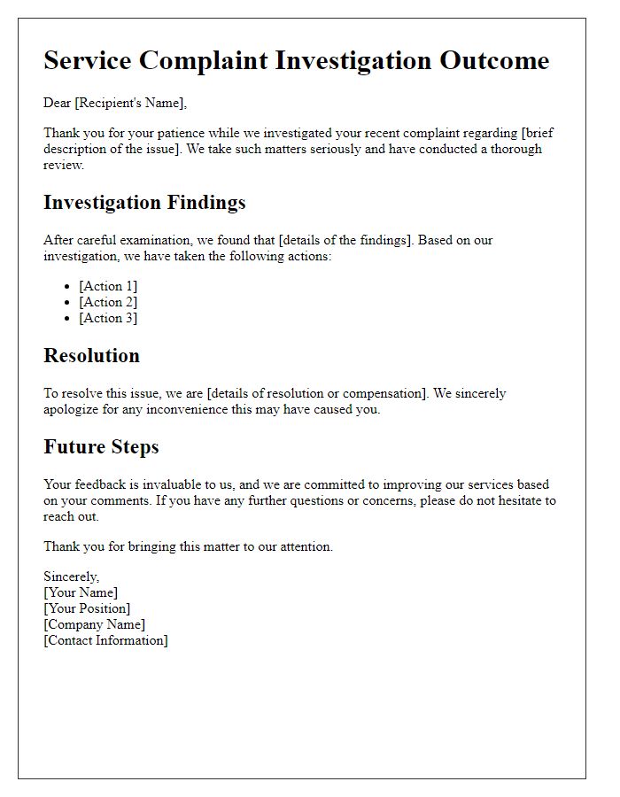 Letter template of service complaint investigation outcome