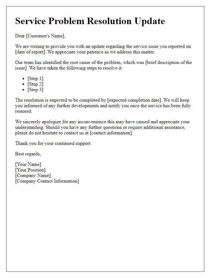 Letter template of service problem resolution update
