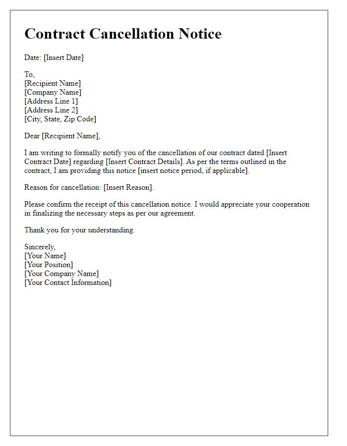 Letter template of contract cancellation notice