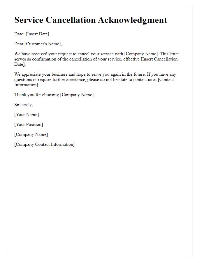 Letter template of service cancellation acknowledgment