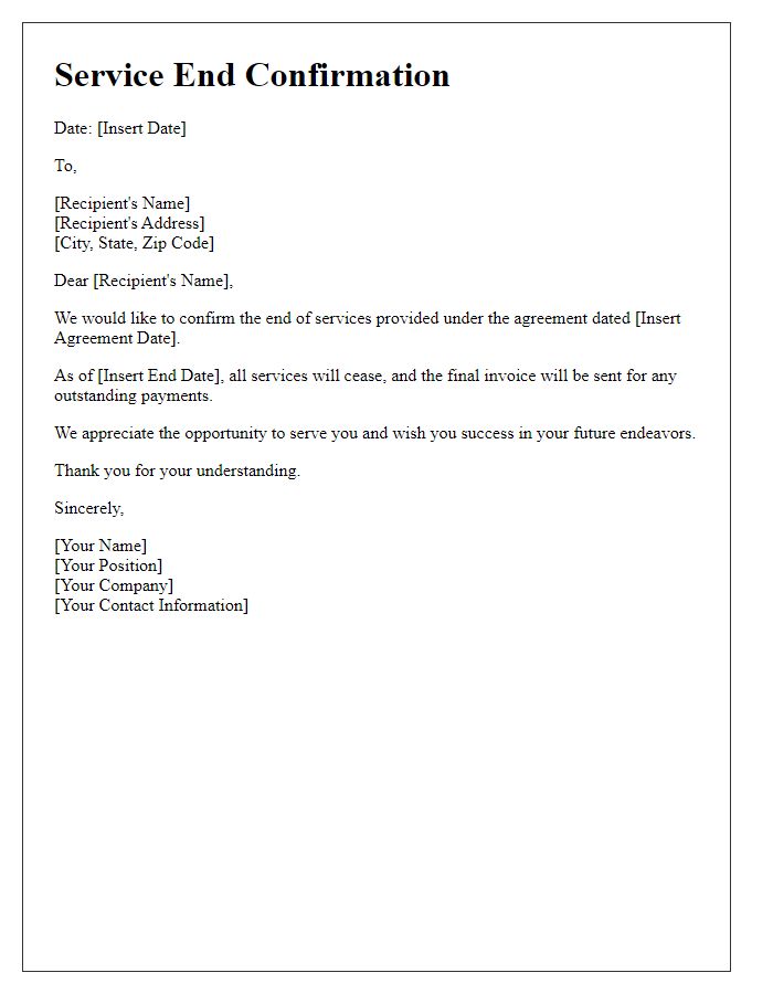 Letter template of service end confirmation