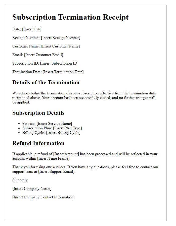 Letter template of subscription termination receipt