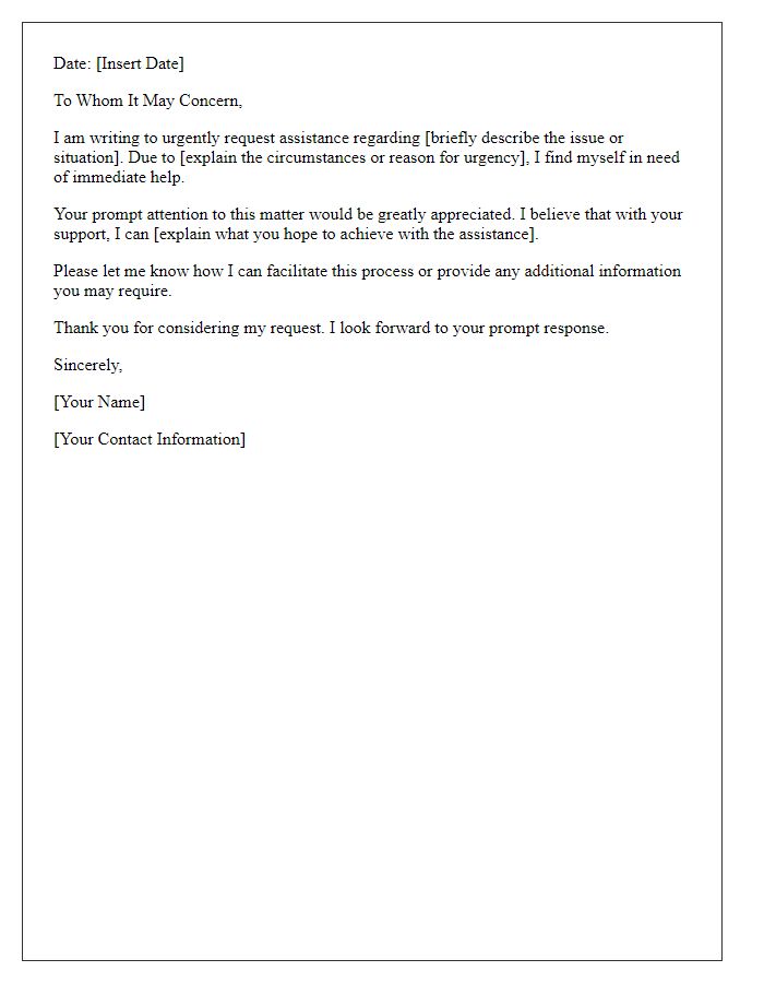 Letter template of urgent assistance request.