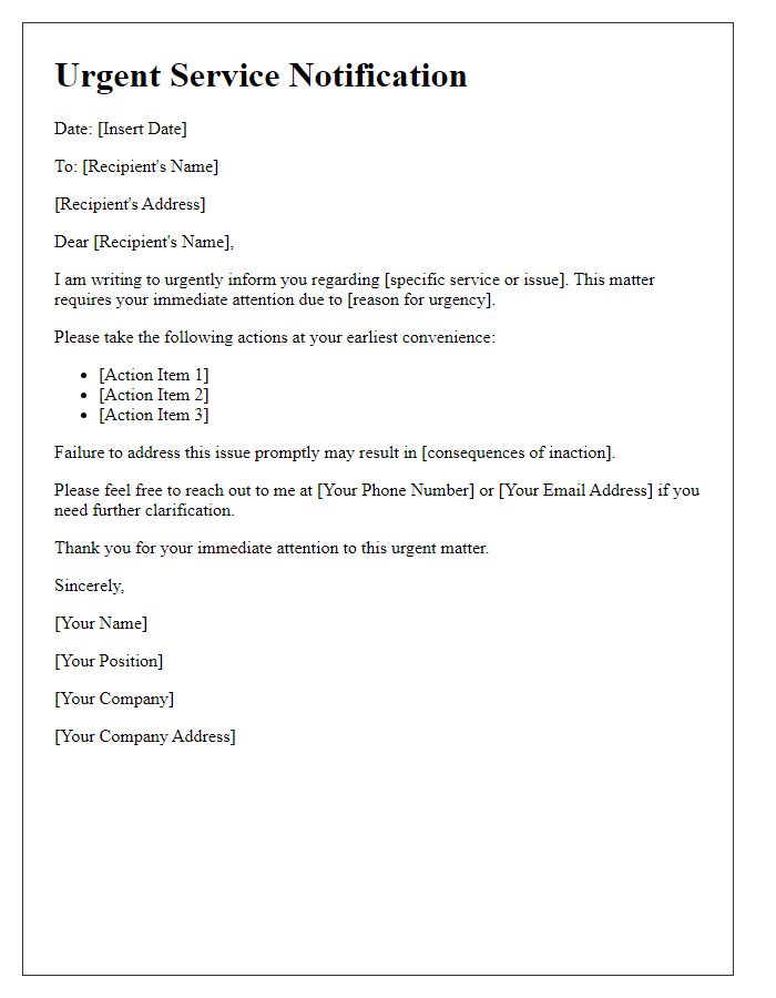 Letter template of urgent communication for service.