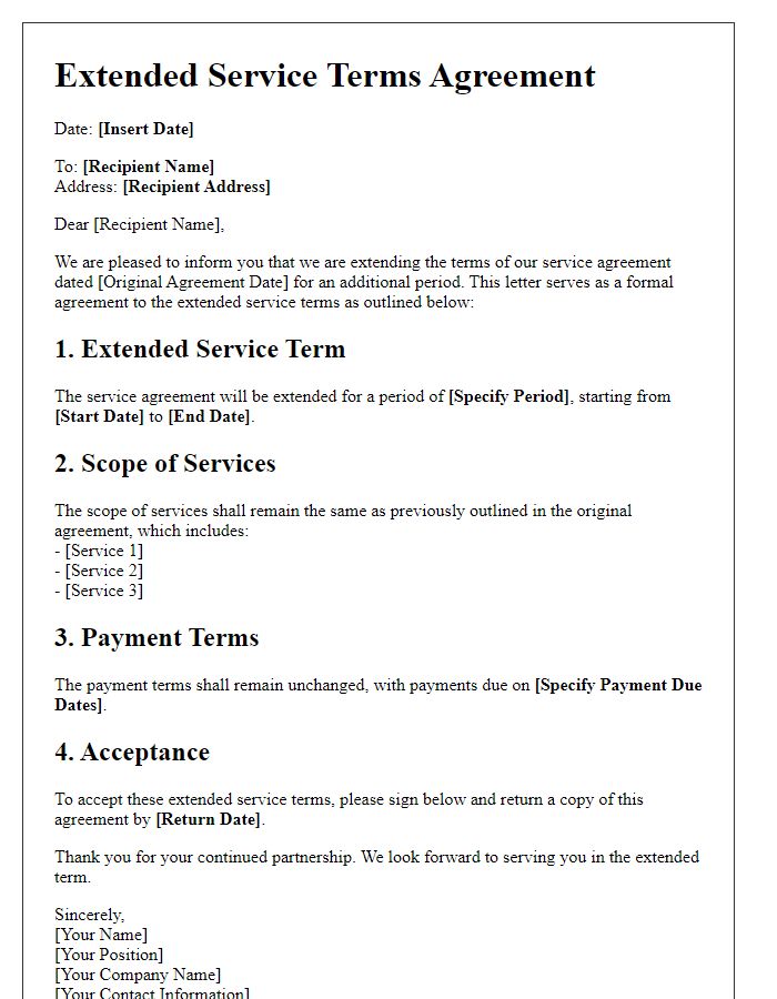 Letter template of extended service terms agreement