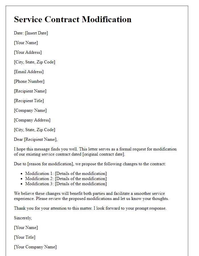 Letter template of service contract modification