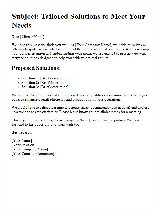 Letter template of bespoke service advice for targeted solutions